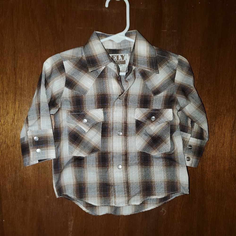 Ely Cattleman Brown Plaid Pearl Snap Shirt Sz 6-12 Months